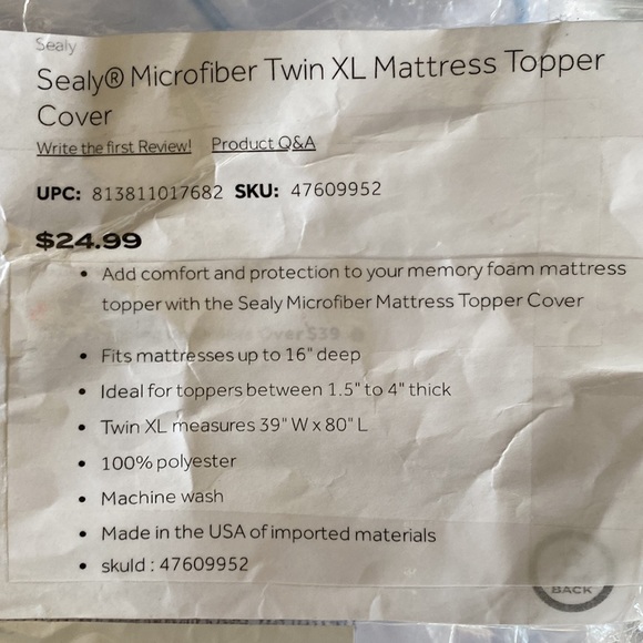 New, never used, Sealy Microfiber Twin XL Mattress Topper Cover - Picture 2 of 3